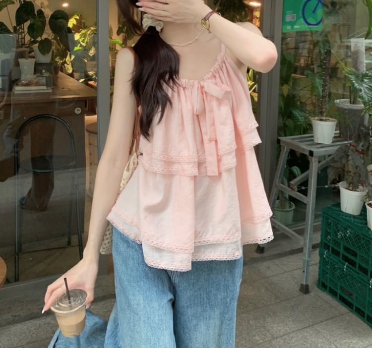 Lace Trim Layered Tie Front Flowy Cami Top