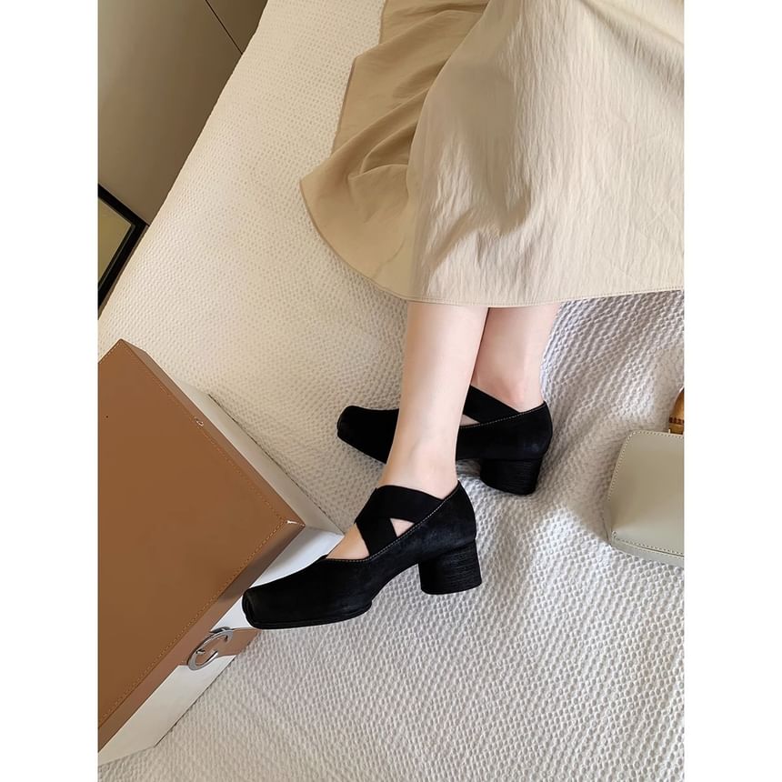 Square Cross Strap Pumps Mary Toe Heel Chunky Jane