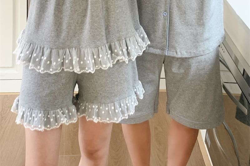Couple Matching Lapel Pajama Top / Lace Tank / Lounge Shorts Set