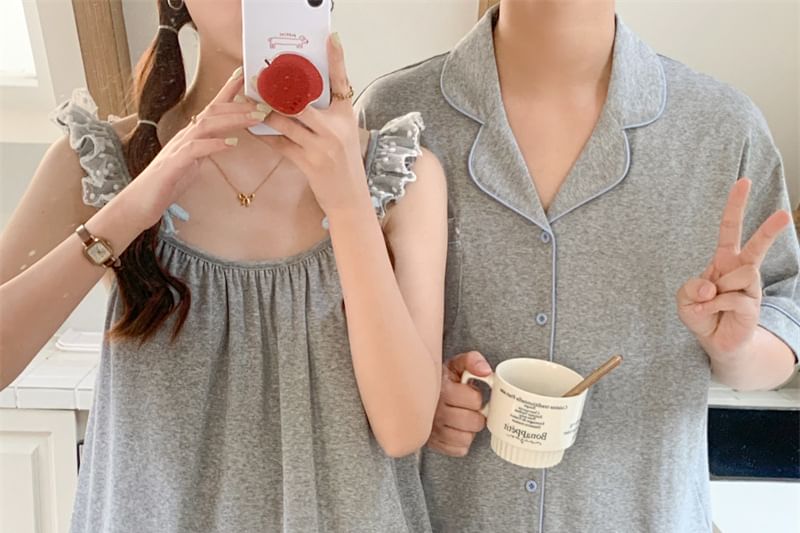 Couple Matching Lapel Pajama Top / Lace Tank / Lounge Shorts Set