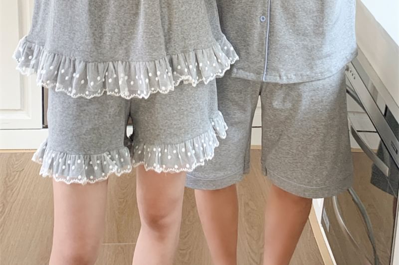 Couple Matching Lapel Pajama Top / Lace Tank / Lounge Shorts Set