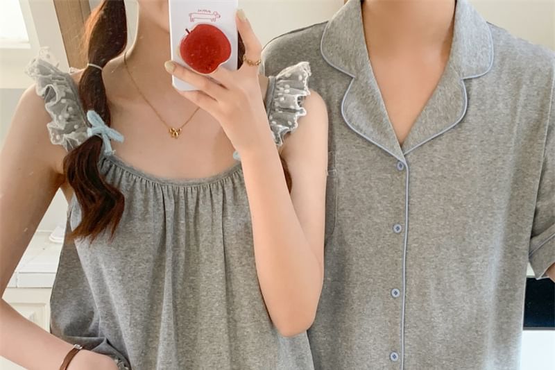 Couple Matching Lapel Pajama Top / Lace Tank / Lounge Shorts Set