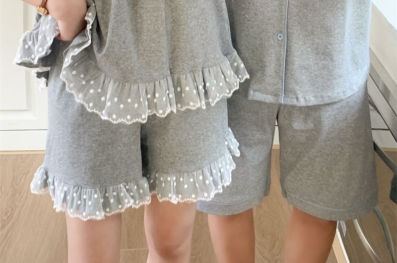 Couple Matching Lapel Pajama Top / Lace Tank / Lounge Shorts Set