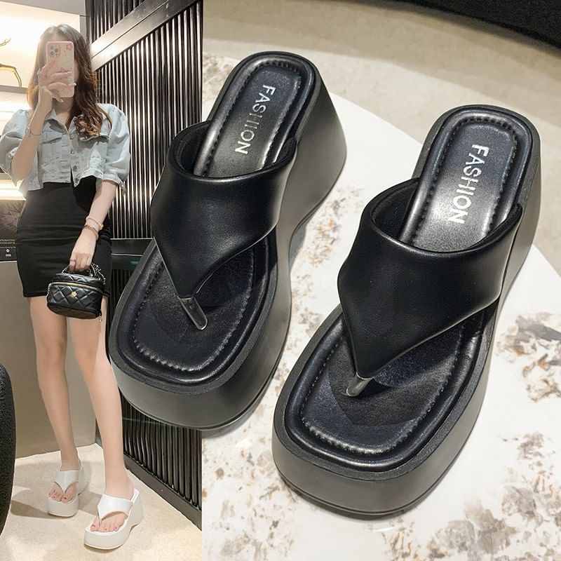 Leather Wedge Faux Platform Plain Flip-Flops