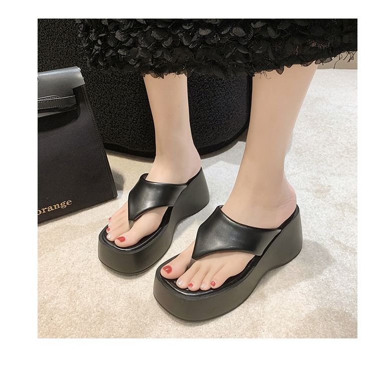 Leather Wedge Faux Platform Plain Flip-Flops