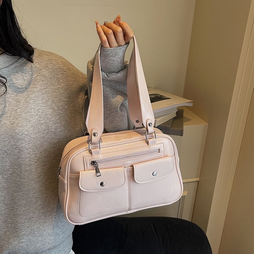 Faux Leather Plain Zip Shoulder Bag