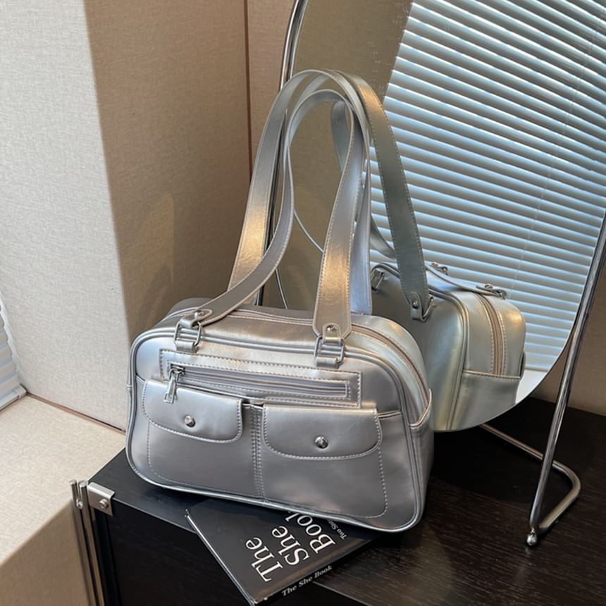 Faux Leather Plain Zip Shoulder Bag