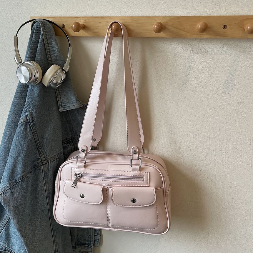 Faux Leather Plain Zip Shoulder Bag