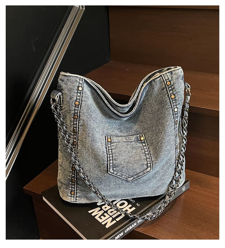 Stud Washed Denim Shoulder Bag
