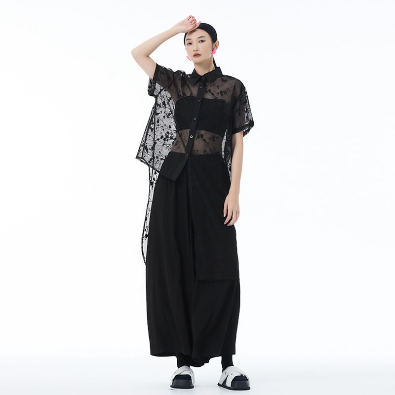 Short Sleeve Lace Asymmetrical Shirt