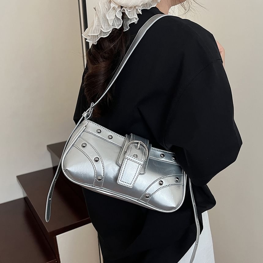 Studded Buckle Panel Shoulder Bag