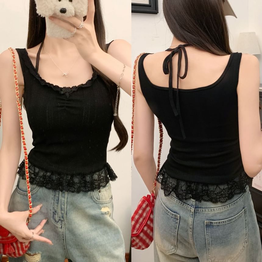 Crew Neck Lace-Trimmed Crop Tank