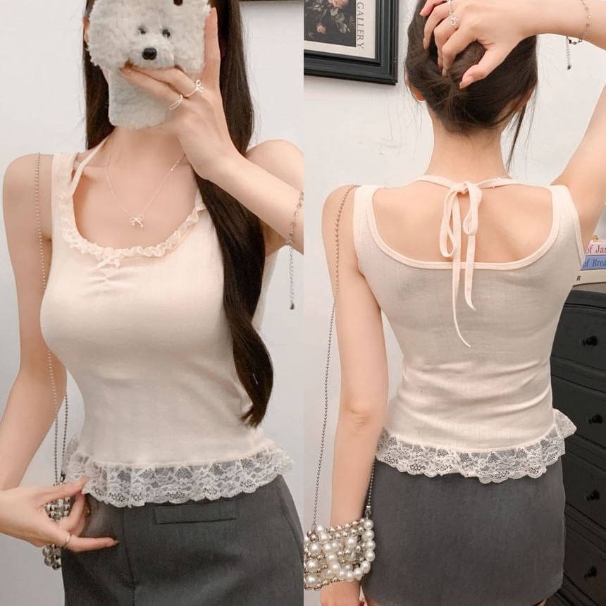 Crew Neck Lace-Trimmed Crop Tank