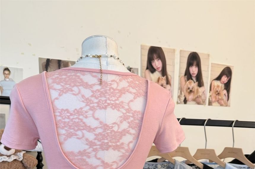 U-Neck Lace Panel Crop Top