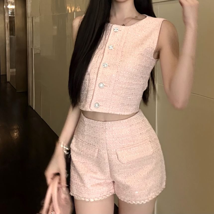 Round Neck Plain Tweed Crop Button Vest / High Waist Shorts