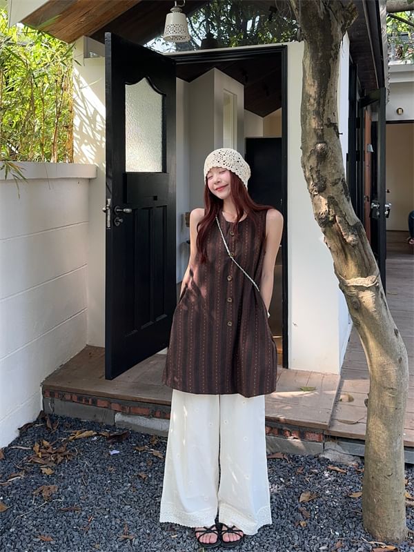 Striped Button-Up Sleeveless Top / High Rise Lace Wide Leg Pants