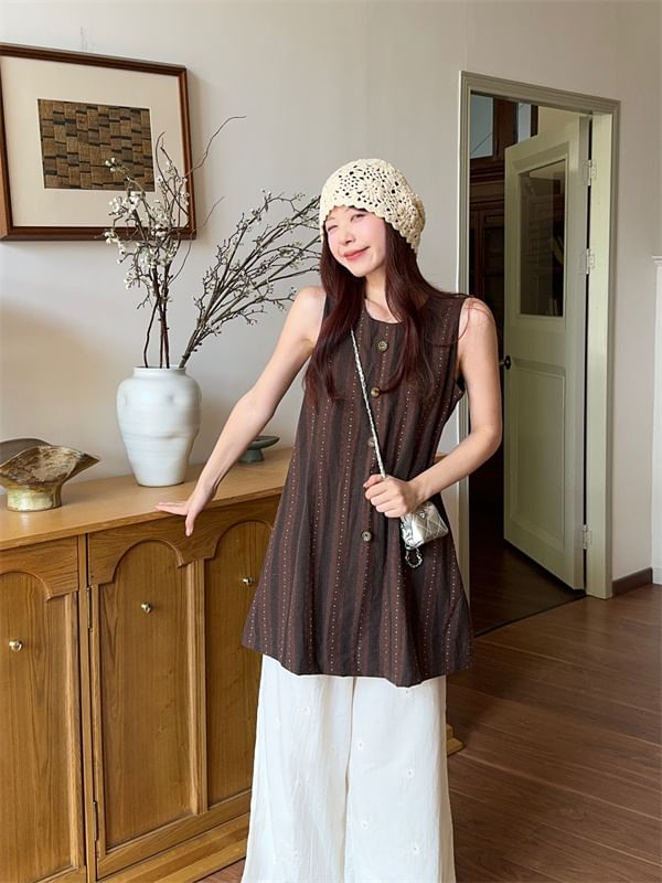 Striped Button-Up Sleeveless Top / High Rise Lace Wide Leg Pants