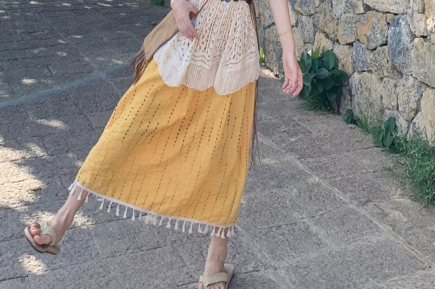 Spaghetti Strap Tassel Midi A-Line Dress / Crochet Lace Tank / Belt Set