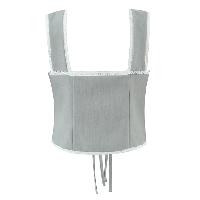 Pintuck Lace Trim Crop Tie Front Tank Top