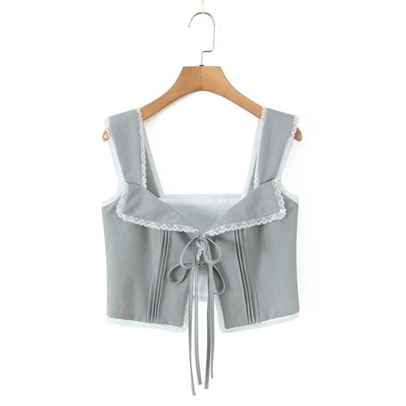 Pintuck Lace Trim Crop Tie Front Tank Top