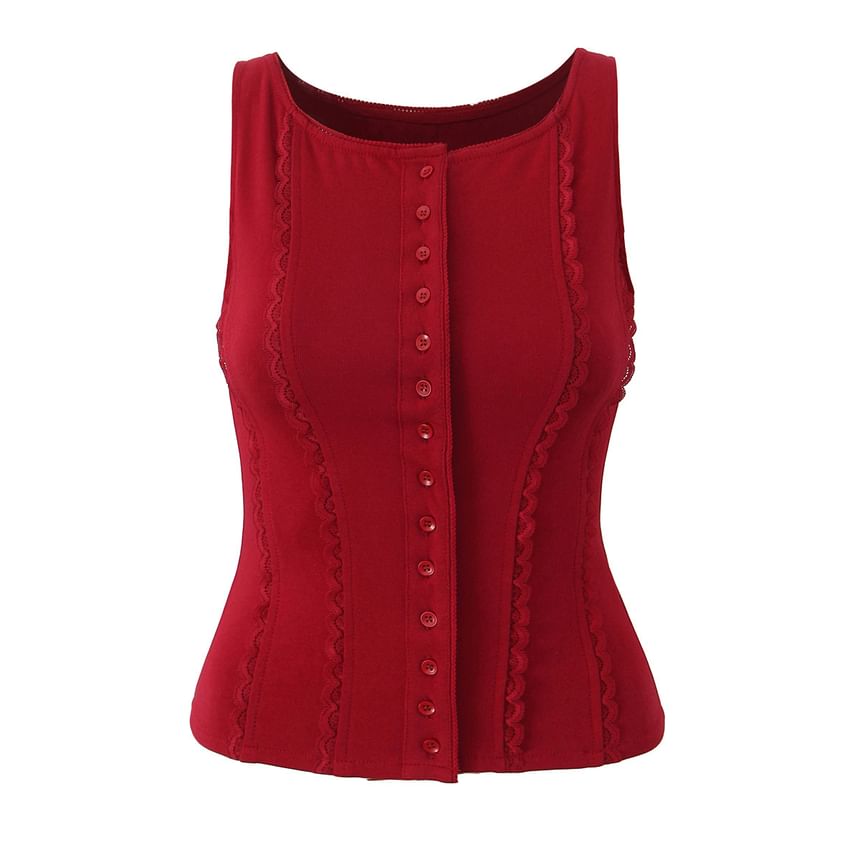 Crew Neck Lace Trim Button-Up Plain Crop Tank