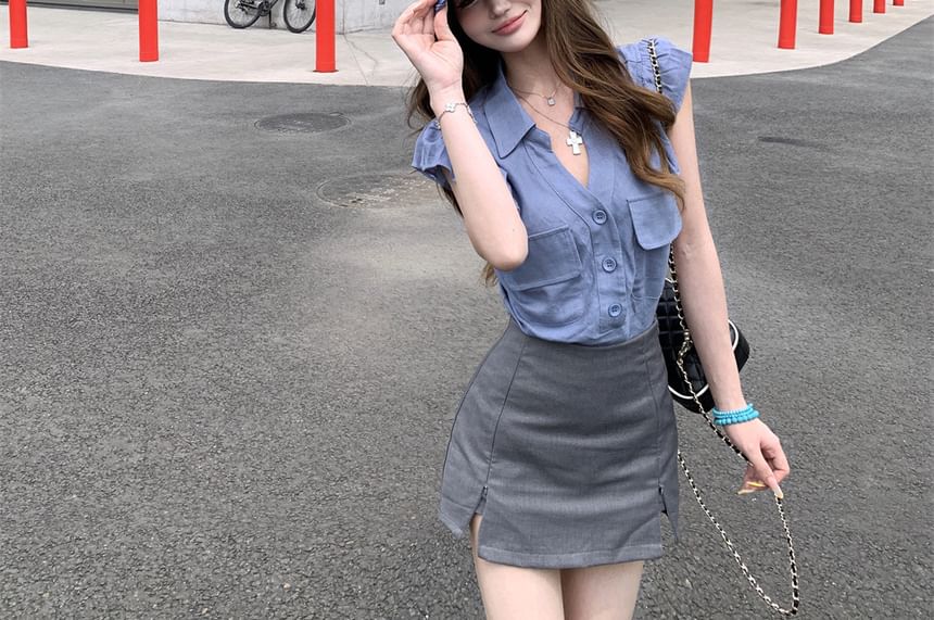 Cap-Sleeve V-Neck Ruffle Blouse & Slit Skirt