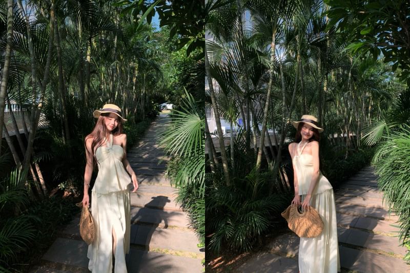Halter Knotted Tank & Slit Maxi Skirt Combo