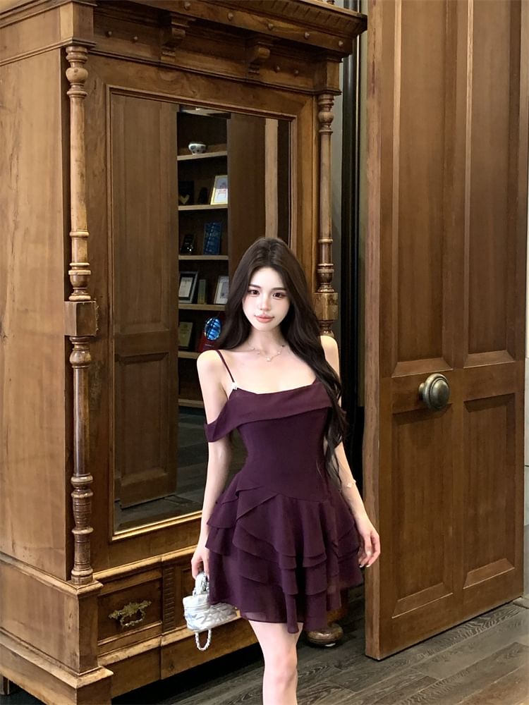 Spaghetti Strap Plain Tiered Mini A-Line Dress