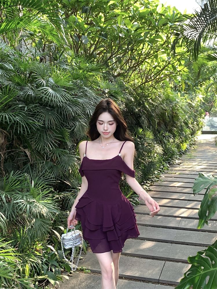 Spaghetti Strap Plain Tiered Mini A-Line Dress