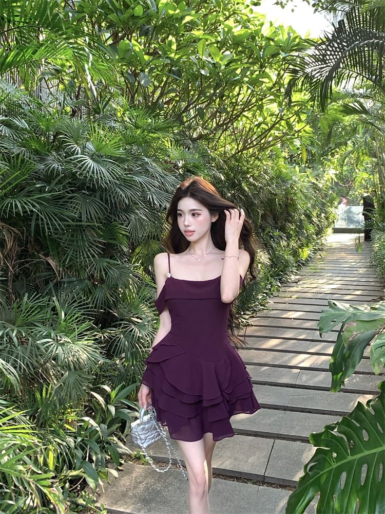 Spaghetti Strap Plain Tiered Mini A-Line Dress