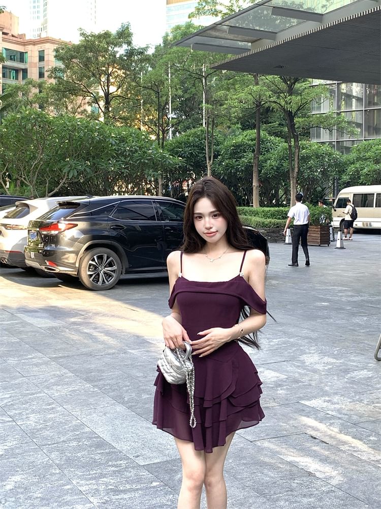 Spaghetti Strap Plain Tiered Mini A-Line Dress