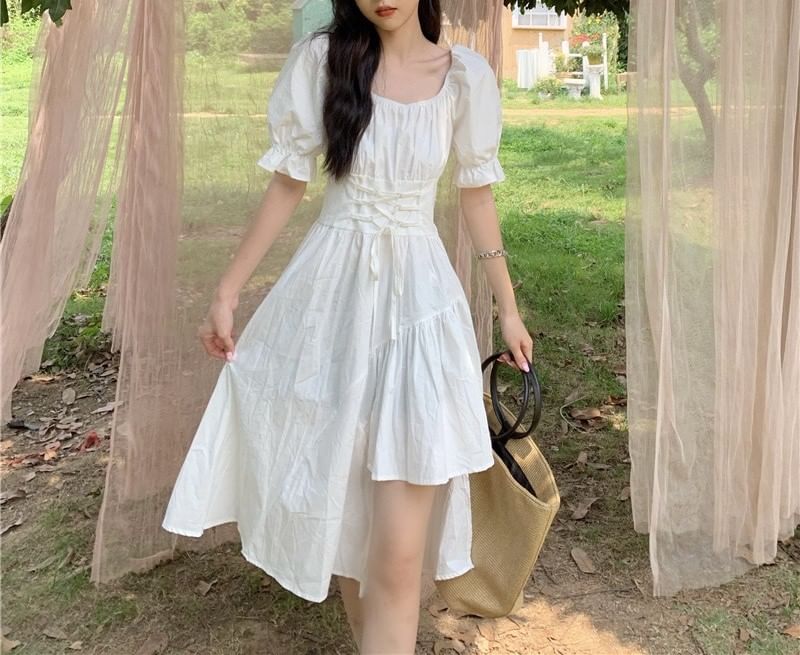 Square Dress Short-Sleeve Neck Asymmetrical Plain A-Line