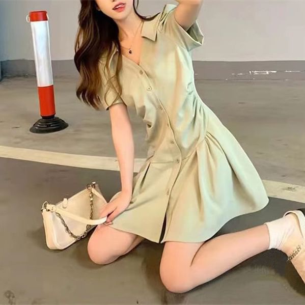 V-Neck Button-Up Mini Short-Sleeve Dress A-Line Plain