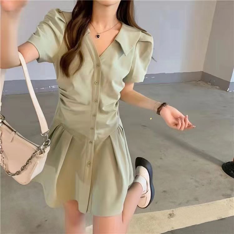 V-Neck Button-Up Mini Short-Sleeve Dress A-Line Plain