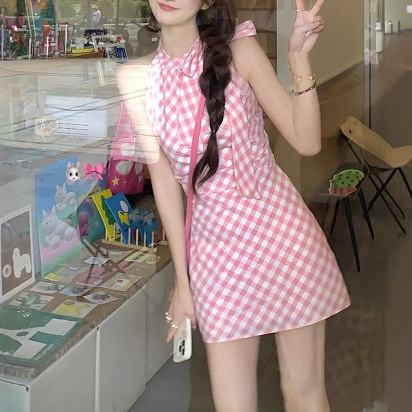 A-Line Plaid Sleeveless Dress Mini