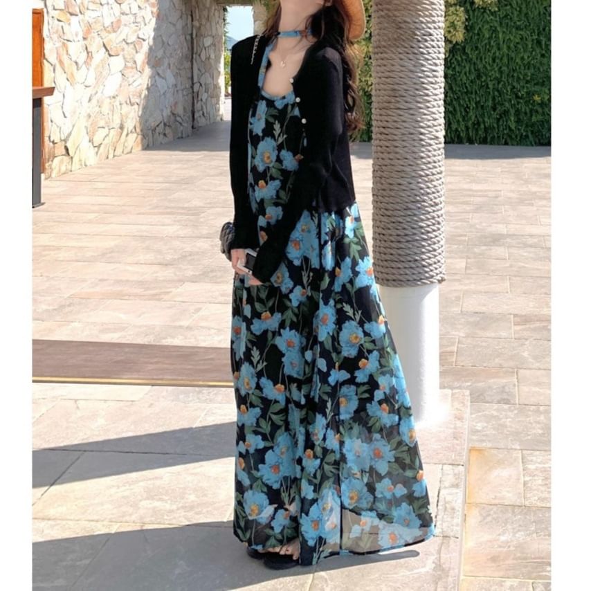 Print Dress Strap Neck Floral Spaghetti Scoop A-Line Maxi