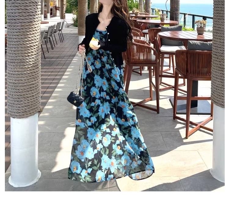 Print Dress Strap Neck Floral Spaghetti Scoop A-Line Maxi