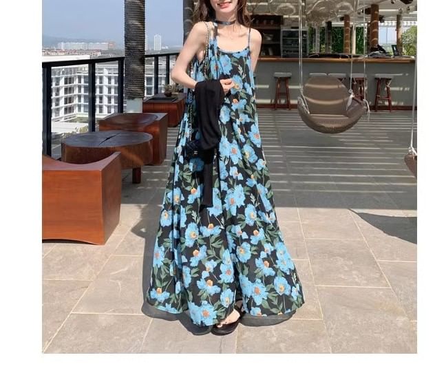 Print Dress Strap Neck Floral Spaghetti Scoop A-Line Maxi