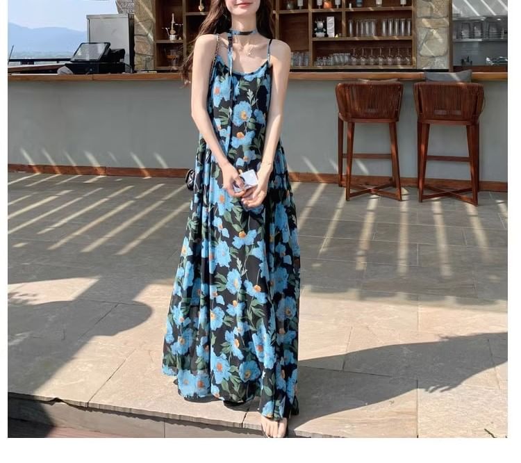 Print Dress Strap Neck Floral Spaghetti Scoop A-Line Maxi