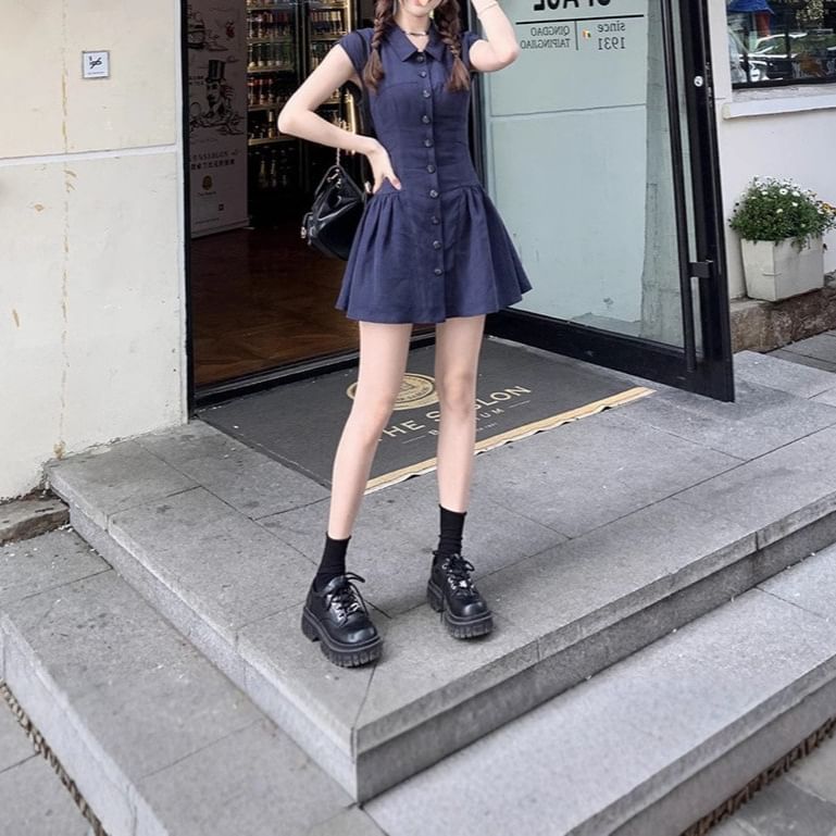 A-Line Mini Shirt Dress Short-Sleeve Plain