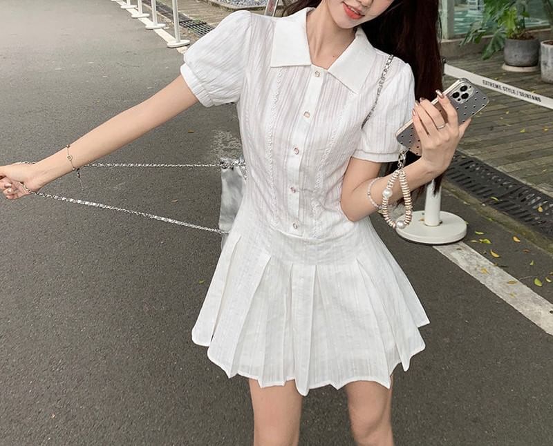 Dress Short-Sleeve Mini Pleated Shirt Plain