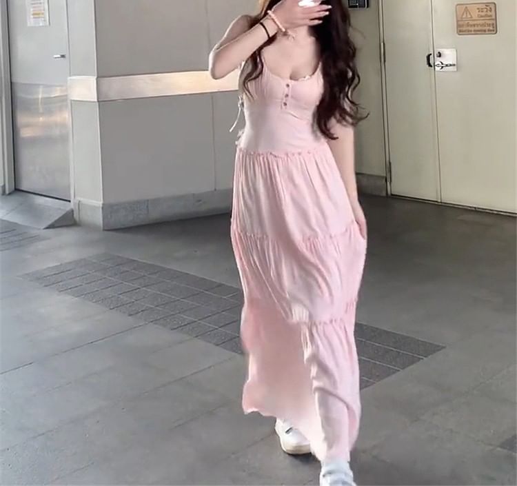 Strap Maxi Spaghetti Scoop Plain Dress A-Line Neck