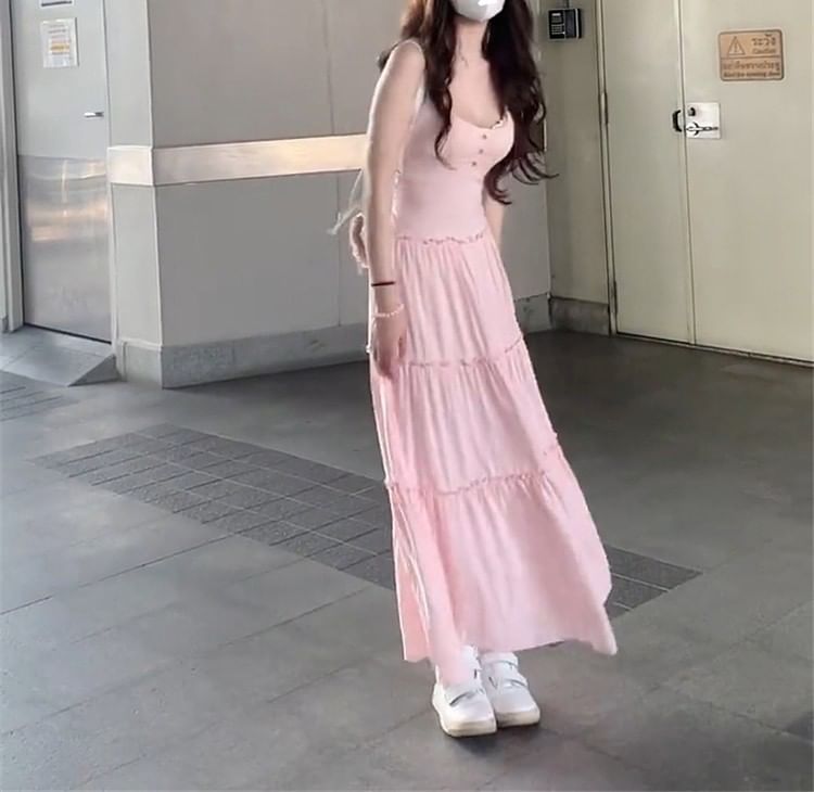 Strap Maxi Spaghetti Scoop Plain Dress A-Line Neck