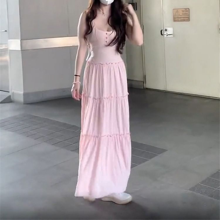 Strap Maxi Spaghetti Scoop Plain Dress A-Line Neck