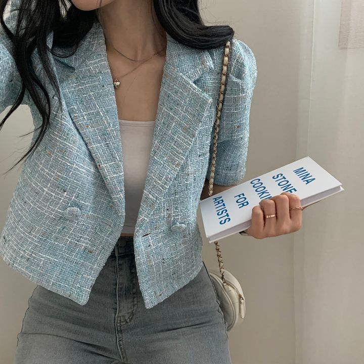 Short-Sleeve Double Breasted Tweed Crop Blazer