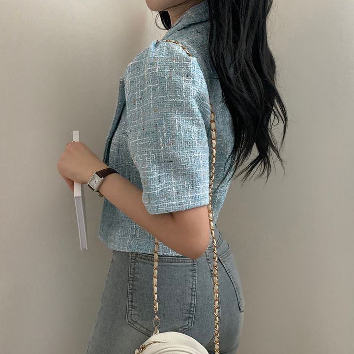 Short-Sleeve Double Breasted Tweed Crop Blazer