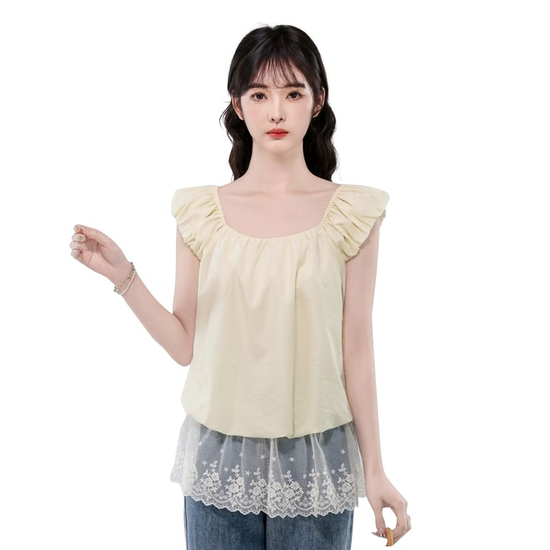 Square Neck Plain Lace Sleeveless Top