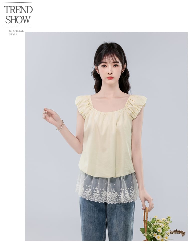Square Neck Plain Lace Sleeveless Top