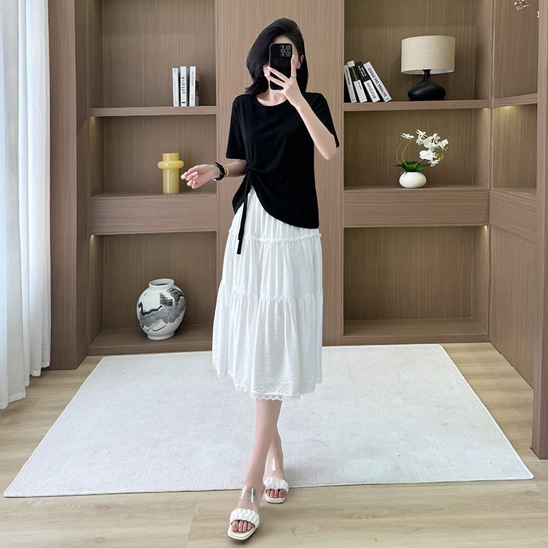 Crew Neck Asymmetrical Tie-Up Tee + High Rise Tiered Lace A-Line Skirt Set