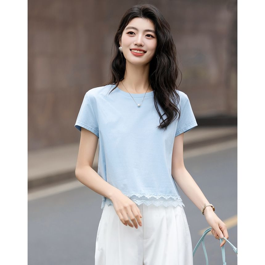 Crew Neck Lace Panel Short Sleeve Tee